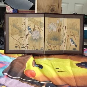 Source Unknown Folding Screen with Birds and Lotus